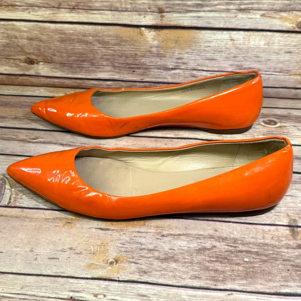 J.Crew Womens Bright Orange Patent Leather Point To Flat Shoes Made In Italy 9